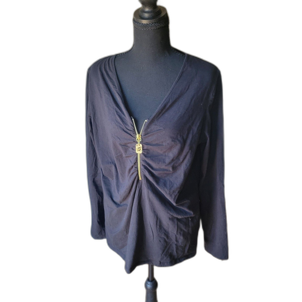 Michael Kors Black Long-Sleeve V-Neck Top with Gold Zip Detail 1X